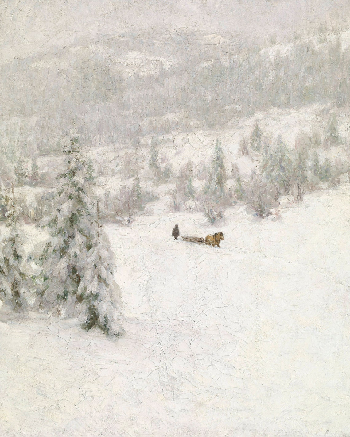 Vintage Winter Landscape Art Print, Snowy Sledding Scene - Image 2