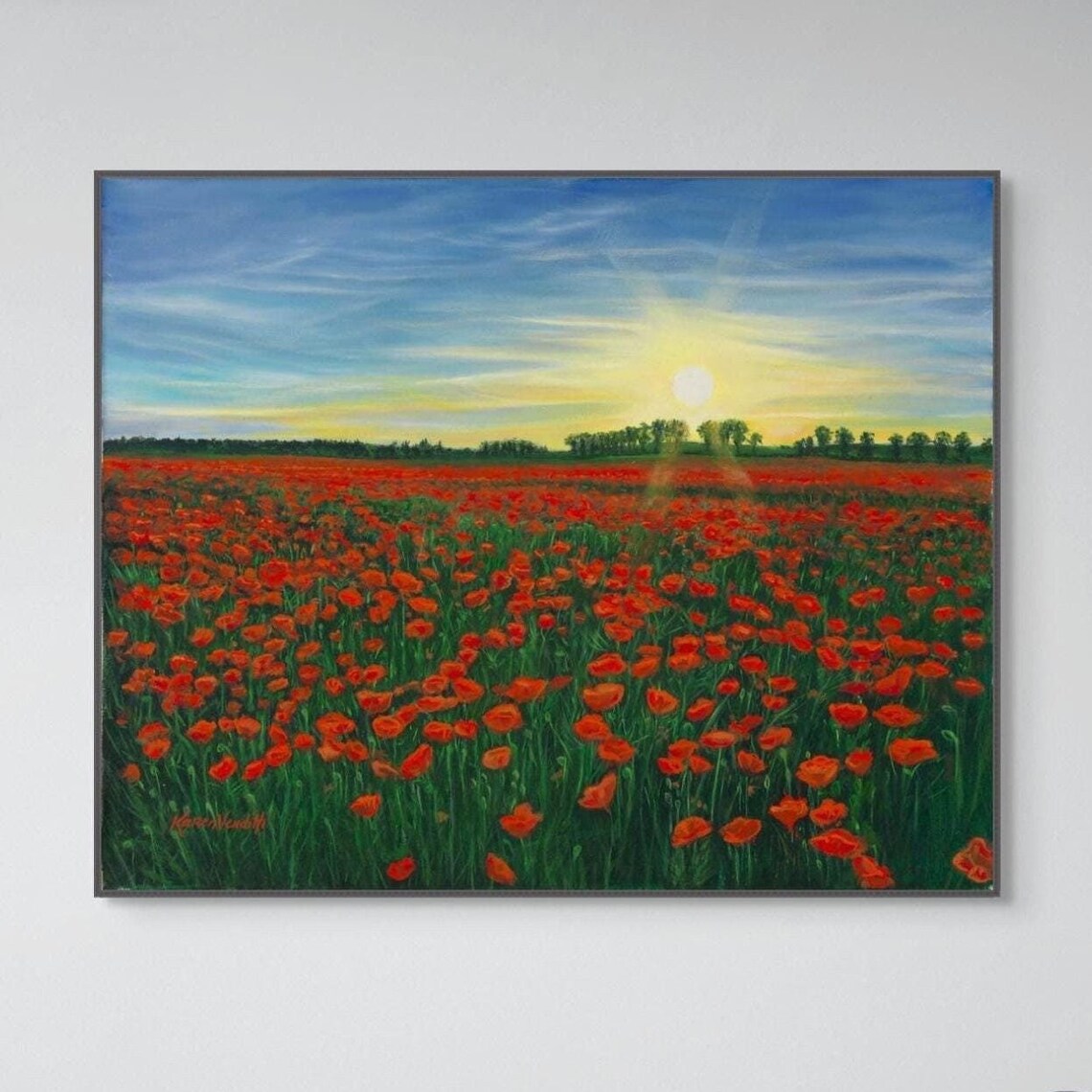 Red Poppy Field Sunset Bloom Blue Sky Wildflower Meadow Poster