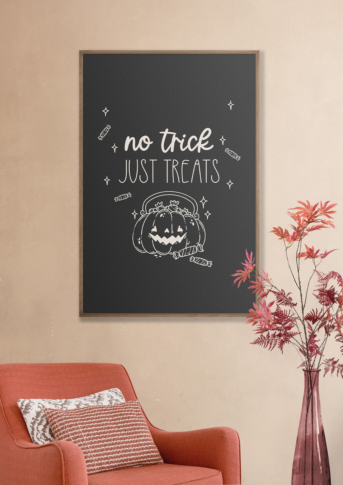 No Trick Just Treats Pumpkin Candy Basket Minimalist Halloween Poster - Image 2