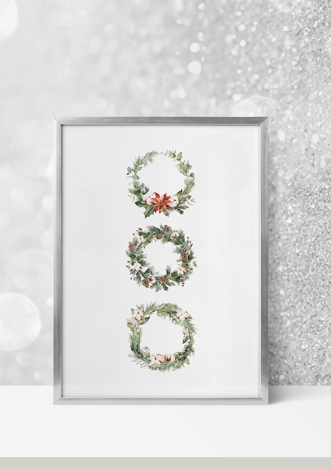 Stacked Watercolor Christmas Wreaths Pinecone Poinsettia Wall Art - Image 2