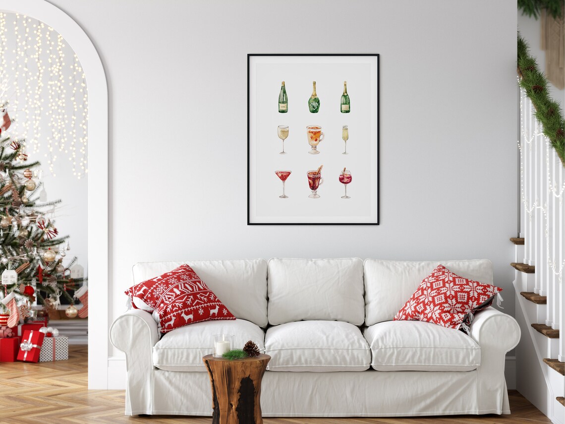 Christmas Watercolor Drinks Mulled Wine Champagne Cocktail Art Poster - Image 3