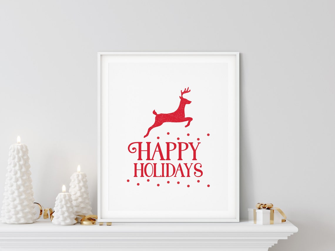Leaping Red Reindeer Silhouette Happy Holidays Christmas Poster - Image 3