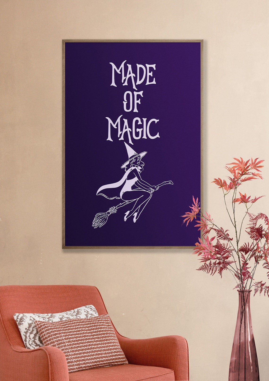Made of Magic Witch on Broomstick Purple Line Art Halloween Poster - Image 3