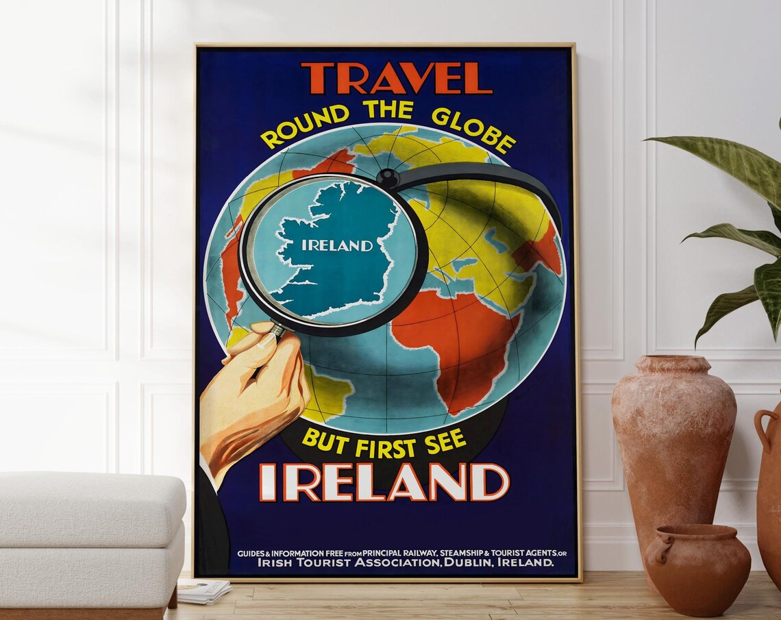 Ireland Vintage Travel Poster Round The Globe Magnifying Map Print