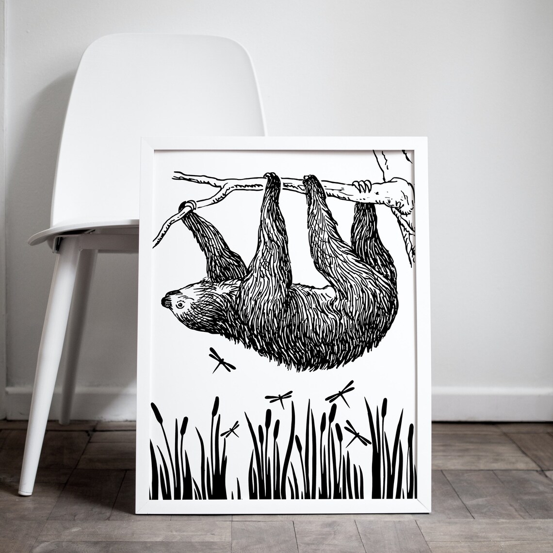 Hanging Sloth Line Art Poster Black And White Jungle Illustration - Image 4