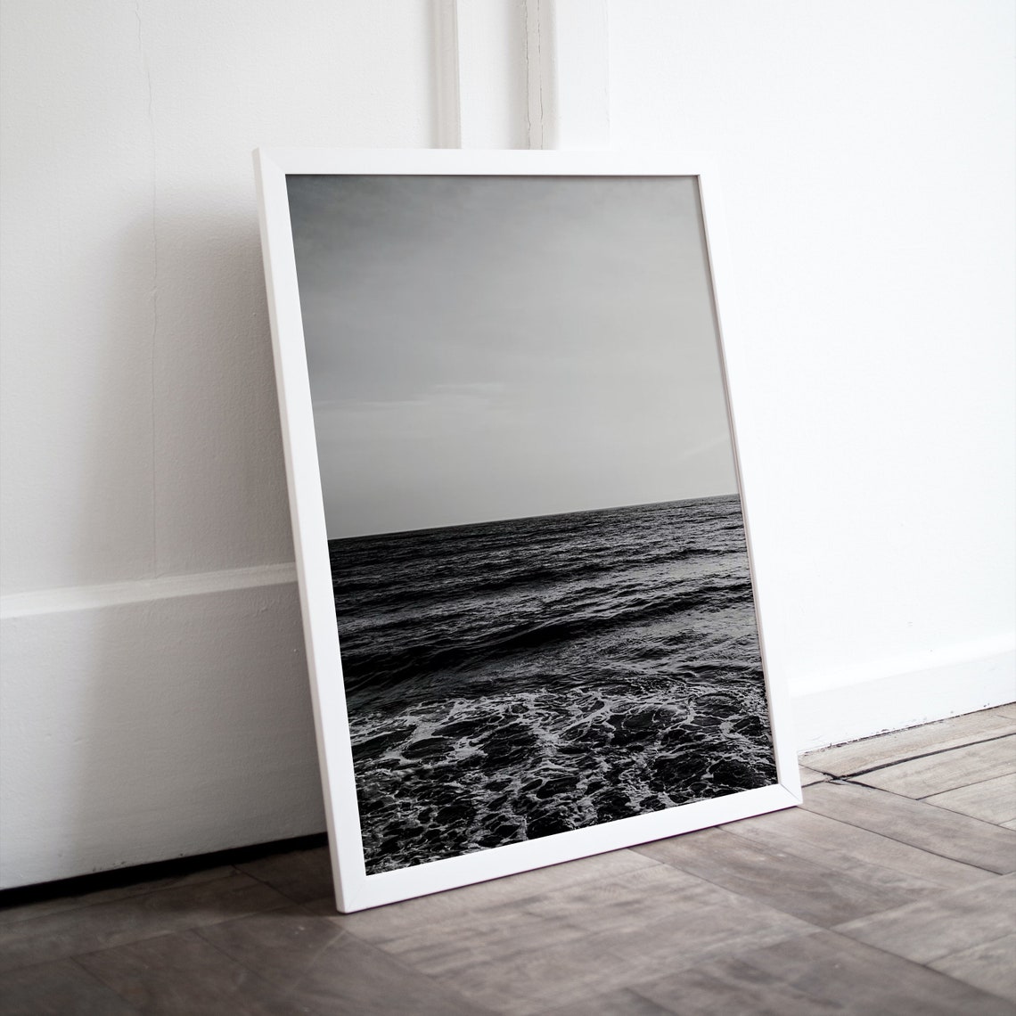 Black And White Ocean Poster Moody Waves Under Soft Gray Sky - Image 4