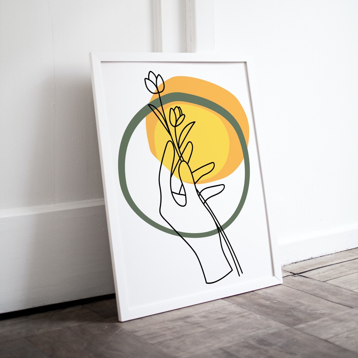 Hand Holding Flower Line Art Mustard Sun Minimal Botanical Poster - Image 3