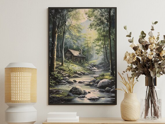 Vintage House In Forest Painting Forest Art Print Cottage Forest Print Green House Print