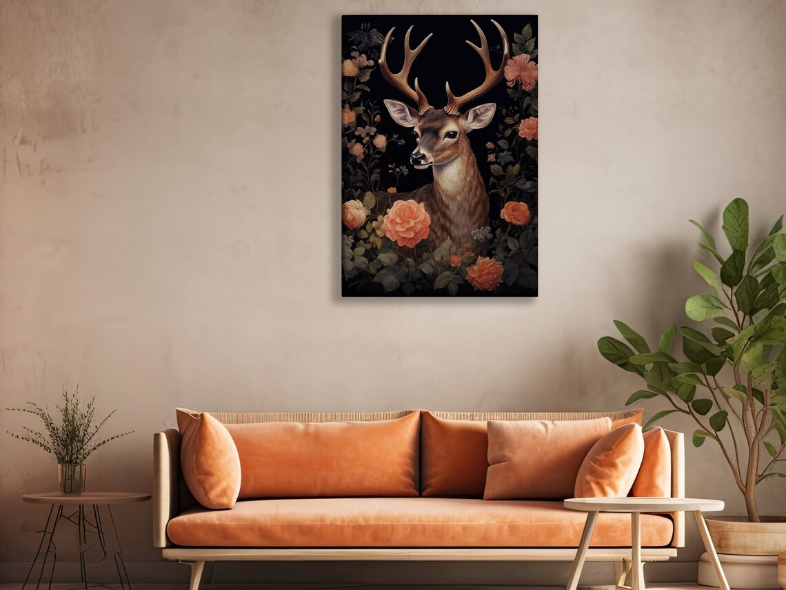 Majestic Stag Antlers Coral Flowers Dark Botanical Wildlife Art Poster - Image 3