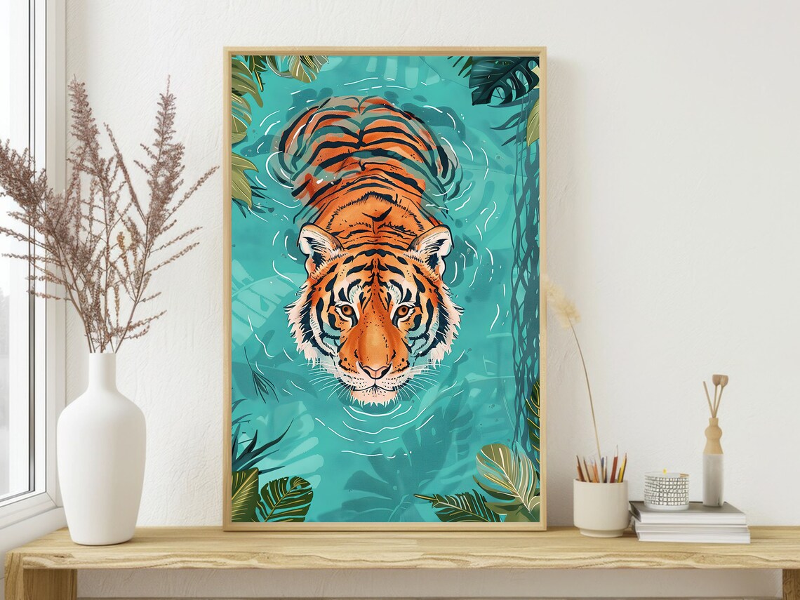 Swimming Tiger In Turquoise Jungle Water With Leaves Bold Art Print - Image 4