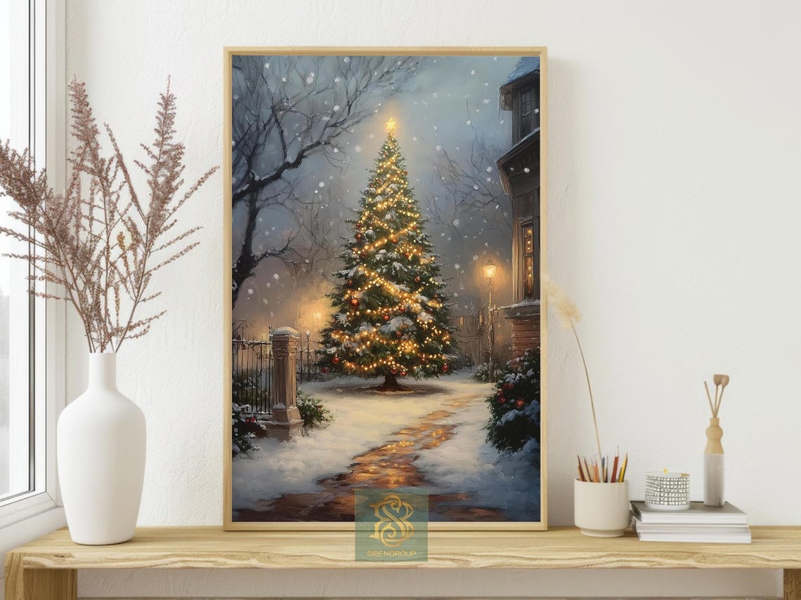 Glowing Outdoor Christmas Tree in Snowy Village Night Scene Poster - Image 4