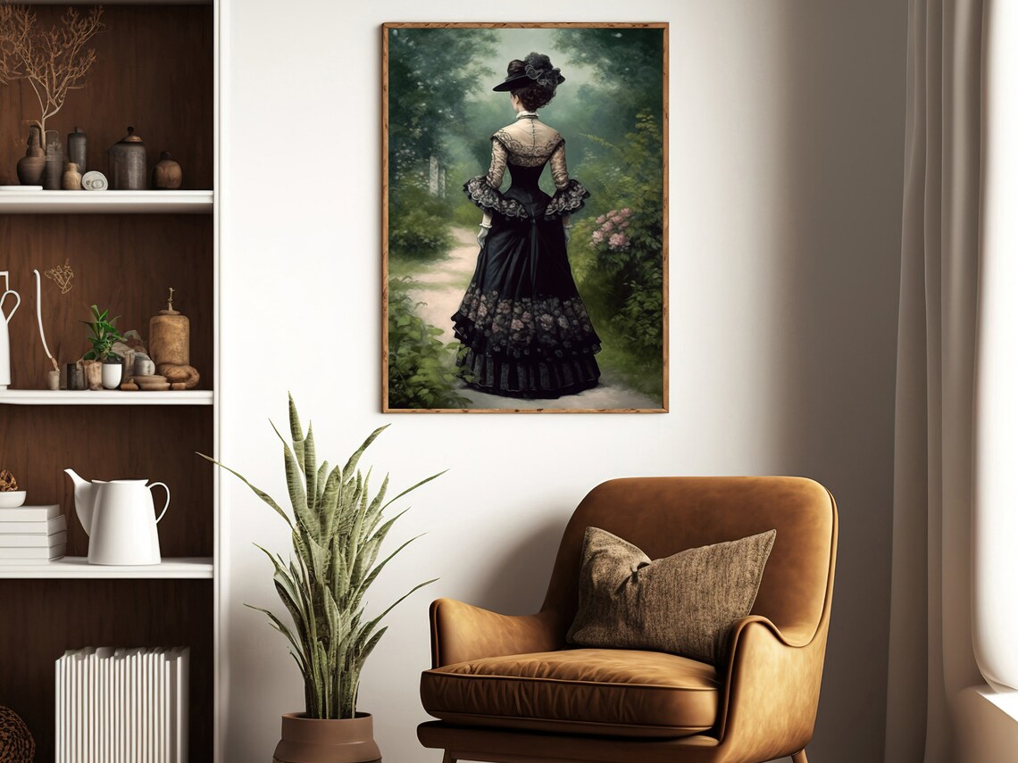 Victorian Woman Black Mourning Gown Garden Path Back View Painting Poster - Image 4