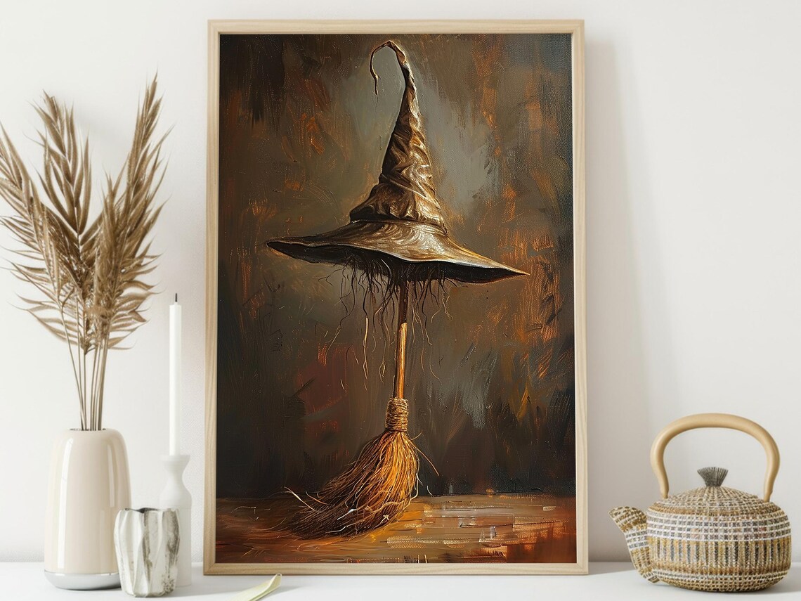 Vintage Witch Hat and Broom Poster, Halloween Decor - Image 4