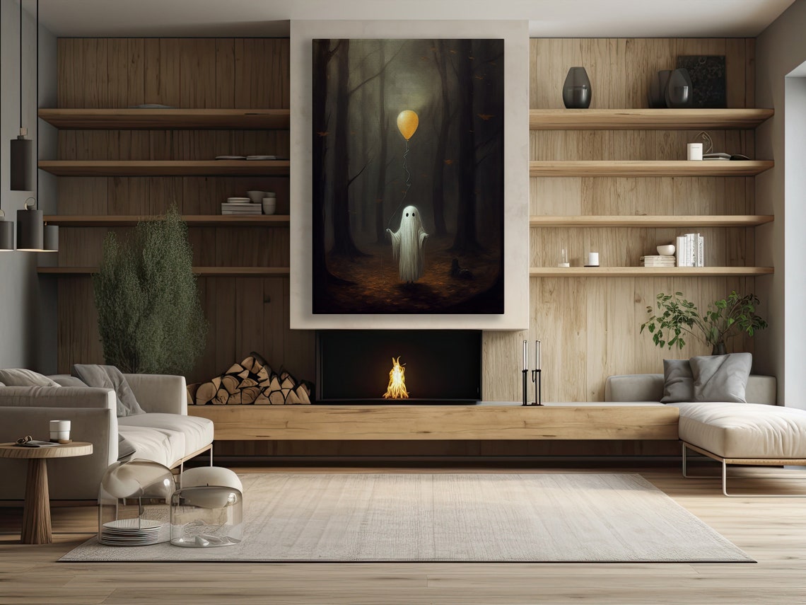 Cute Ghost Yellow Balloon Misty Autumn Forest Spooky Art Poster - Image 2