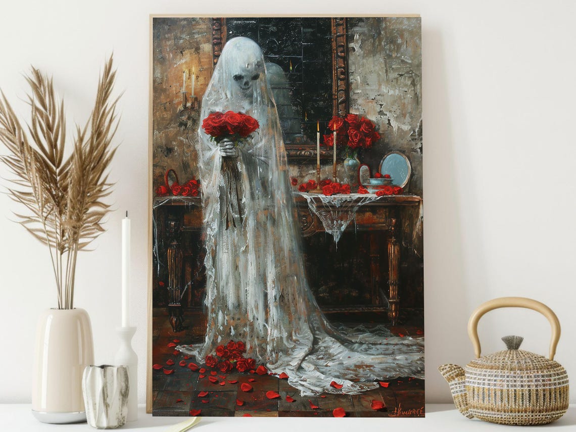 Ghost Bride Skeleton Holding Red Roses Gothic Vanity Candlelit Poster - Image 4