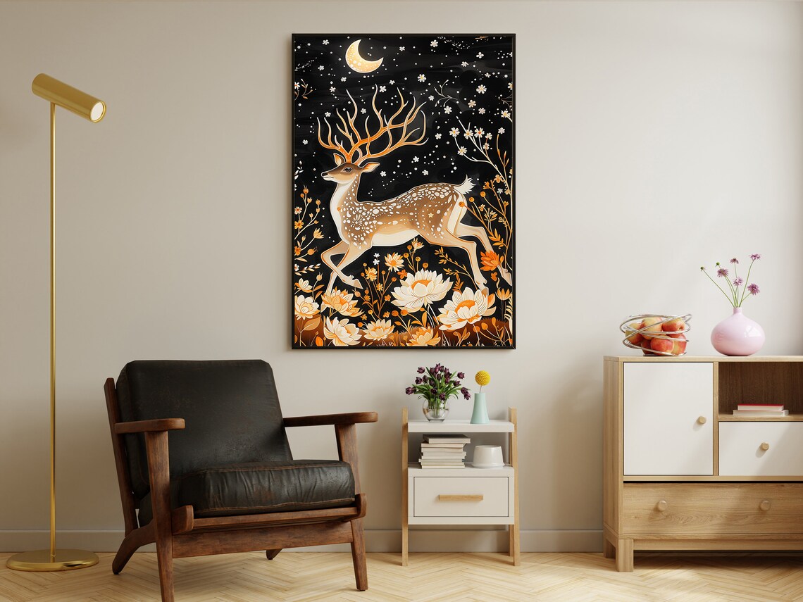Leaping Stag Golden Antlers Crescent Moon Starry Night Botanical Art Poster - Image 3
