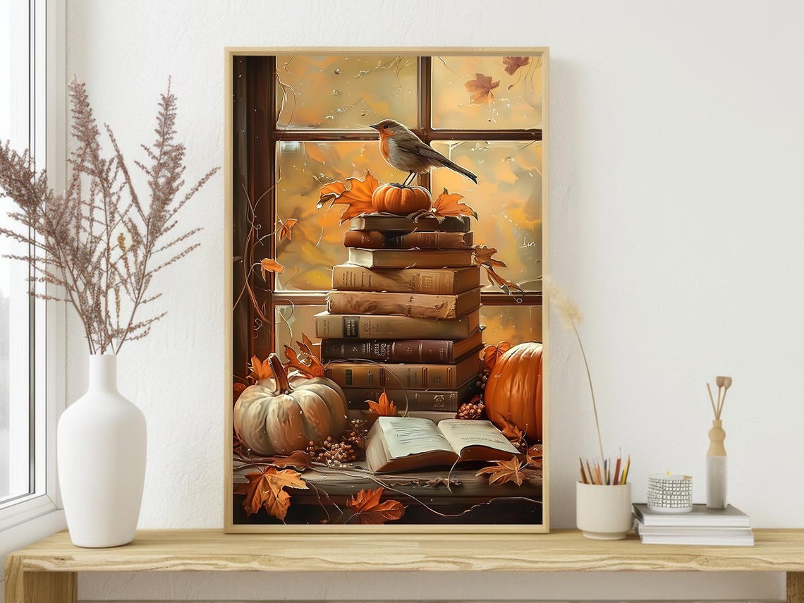 Autumn Books Pumpkins and Robin by Window Cozy Still Life Art Poster - Image 4