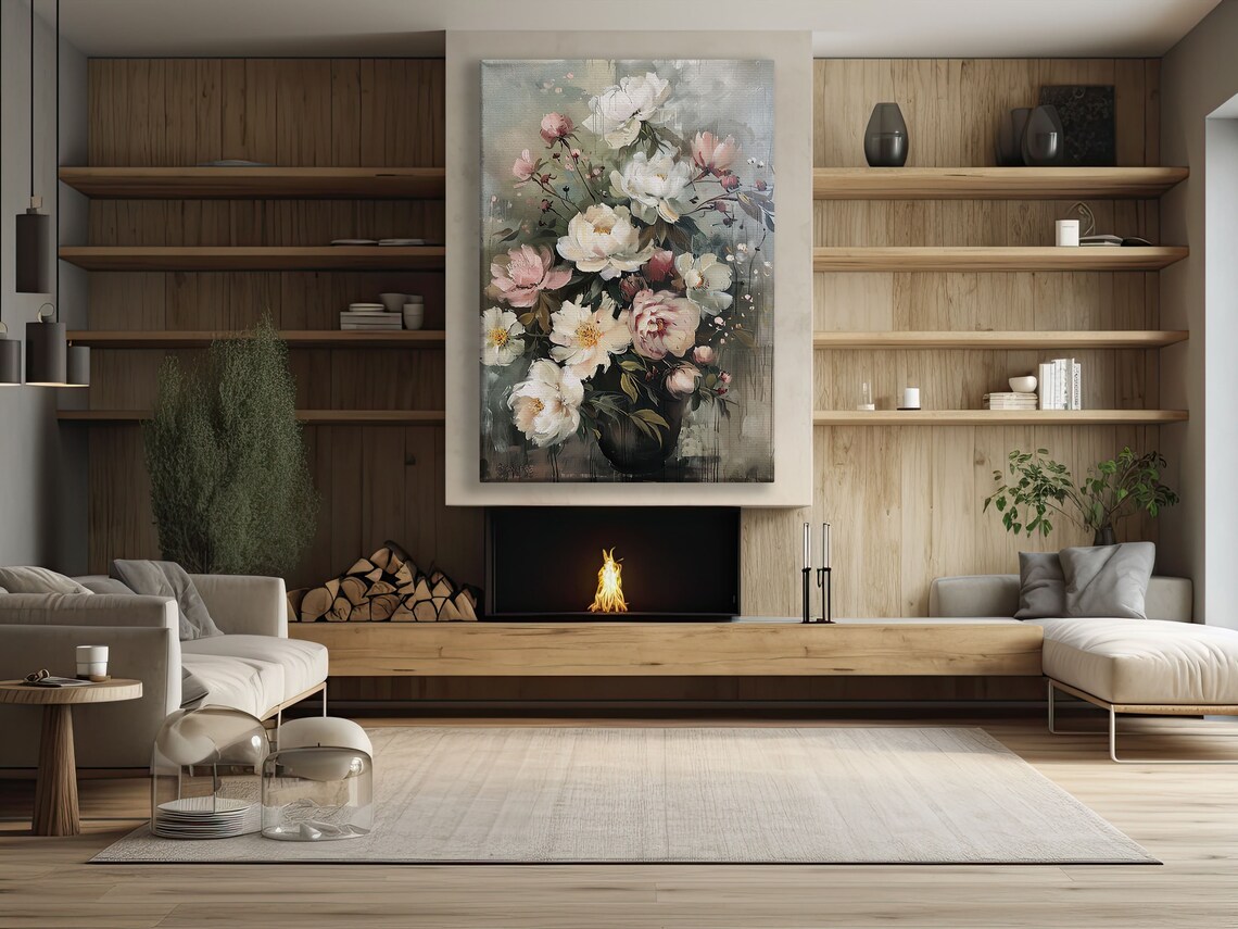 Blush Pink Peonies In Dark Vase Moody Painterly Floral Art Print - Image 2