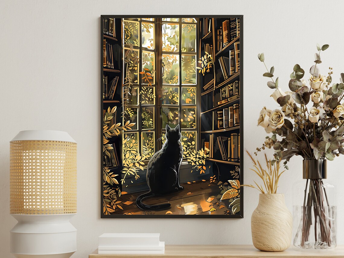 Black Cat In Library Window Autumn Golden Light Cozy Bookshelf Art Poster