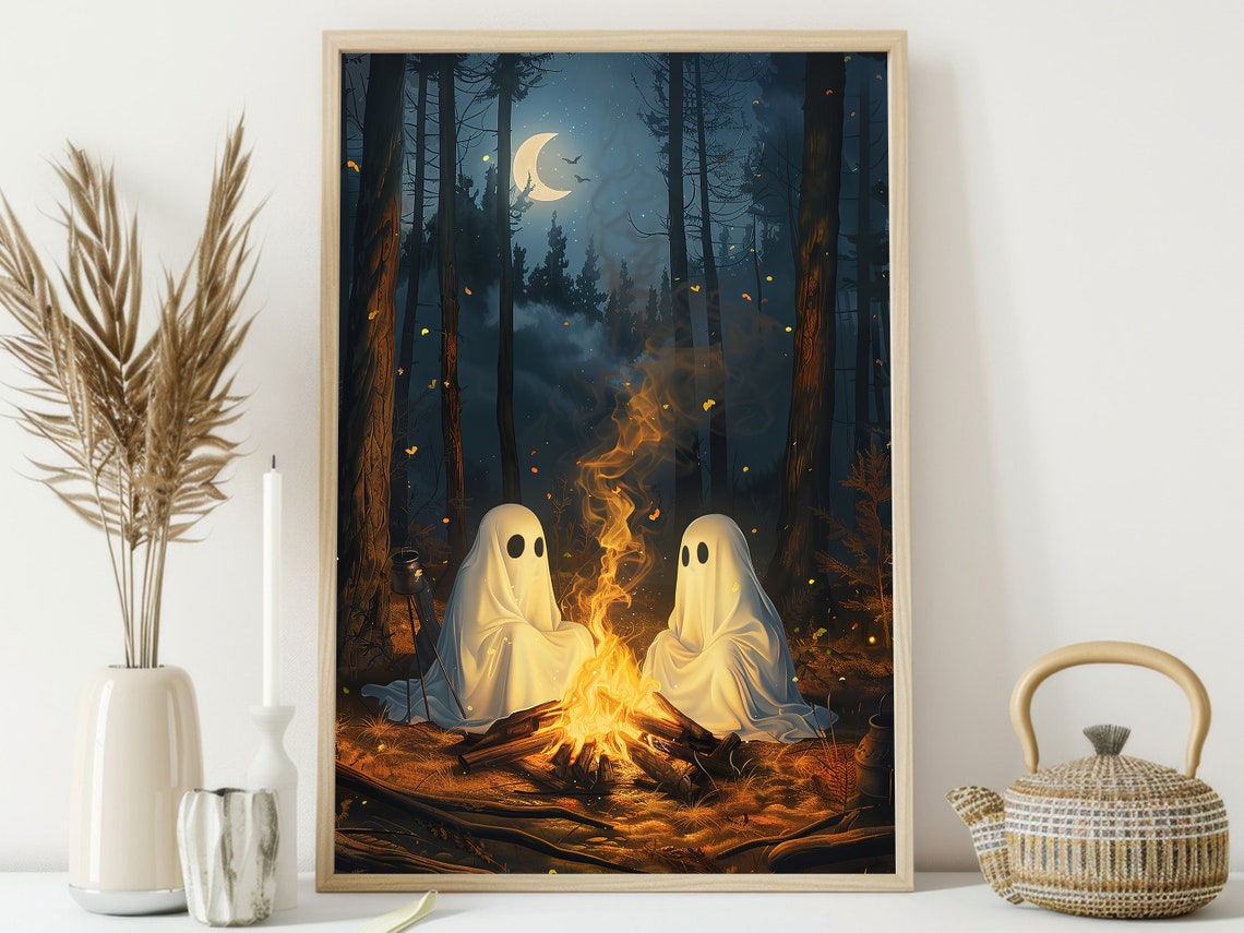 Two Cute Ghosts By Campfire Night Forest Crescent Moon Art Poster - Image 4