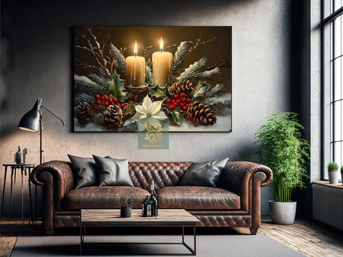 Two Ivory Candles With Holly Pinecones Poinsettia Snowy Winter Poster - Image 2