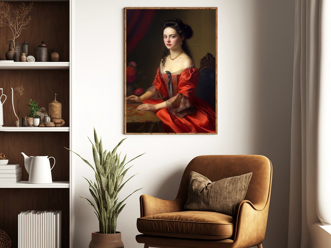 Victorian Woman Red Silk Dress Dark Moody Classic Oil Painting Art Poster - Image 3