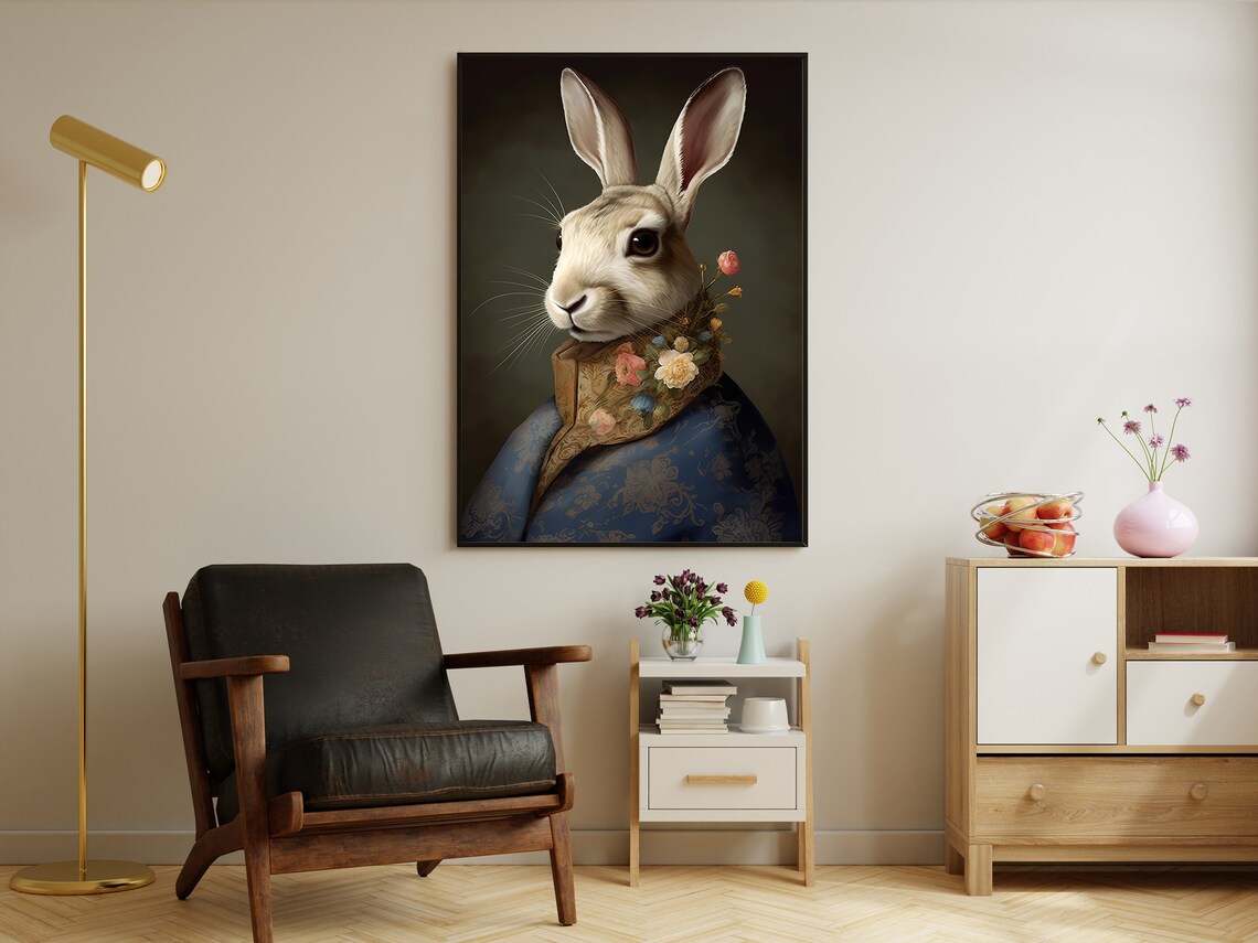 Victorian Rabbit Portrait Blue Brocade Outfit Floral Collar Dark Academia Print - Image 4