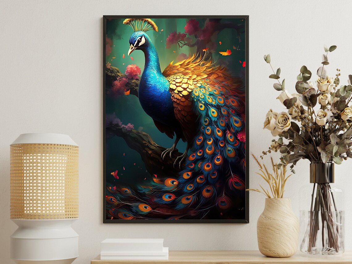 Vibrant Peacock Full Tail Feathers Iridescent Blue Bird Art Print Poster