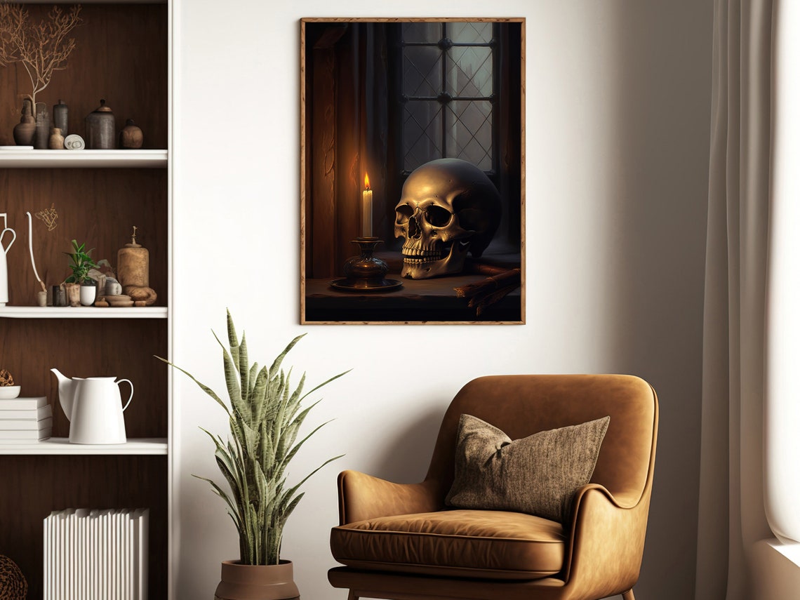 Dark Magic Skull By Candlelight Near An Old Window Gothic Poster - Image 3