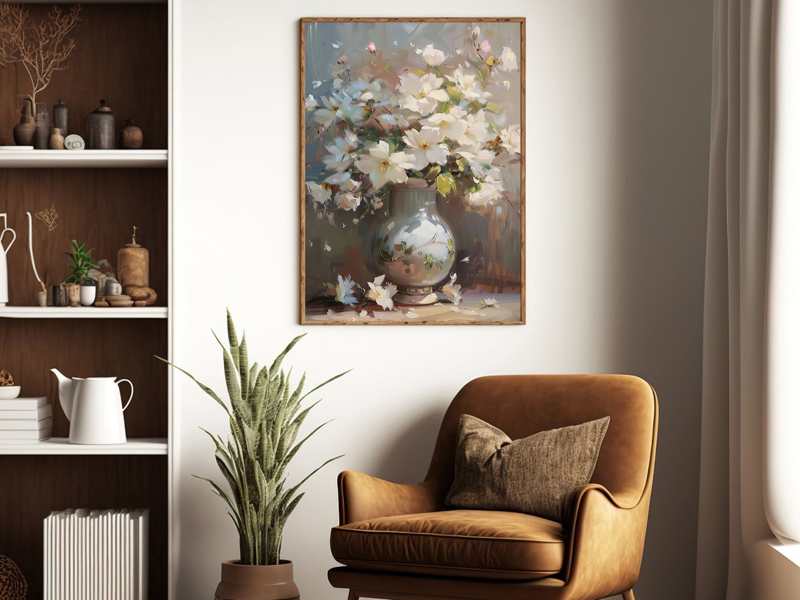 Vintage White Flowers Vase Painting Retro Flowers Art Print Cottage Flowers Print Esthetic Flowers Poster Flowers Wall Art - Image 3