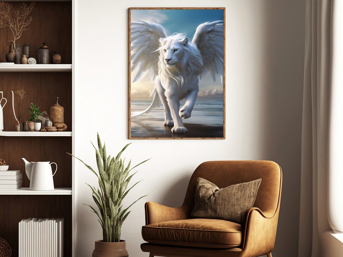 Majestic White Winged Lion Walking On A Sunset Beach Fantasy Poster - Image 4