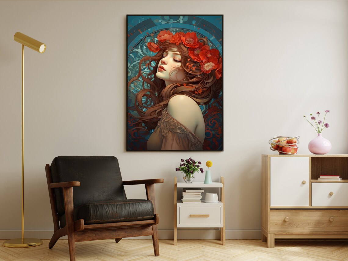 Dreamy Art Nouveau Beauty With Poppies In Flowing Brown Hair Poster - Image 2
