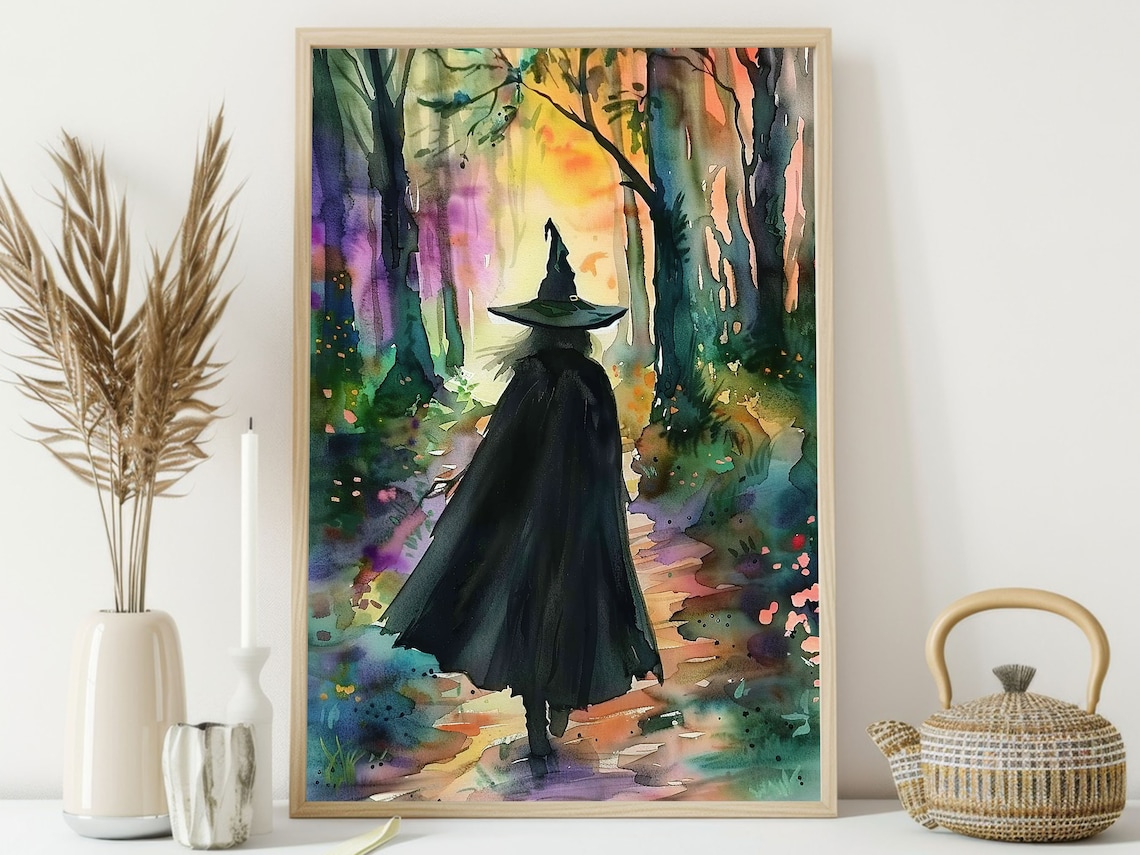 Witch Walking Away Forest Path Colorful Watercolor Magical Halloween Art Poster Print