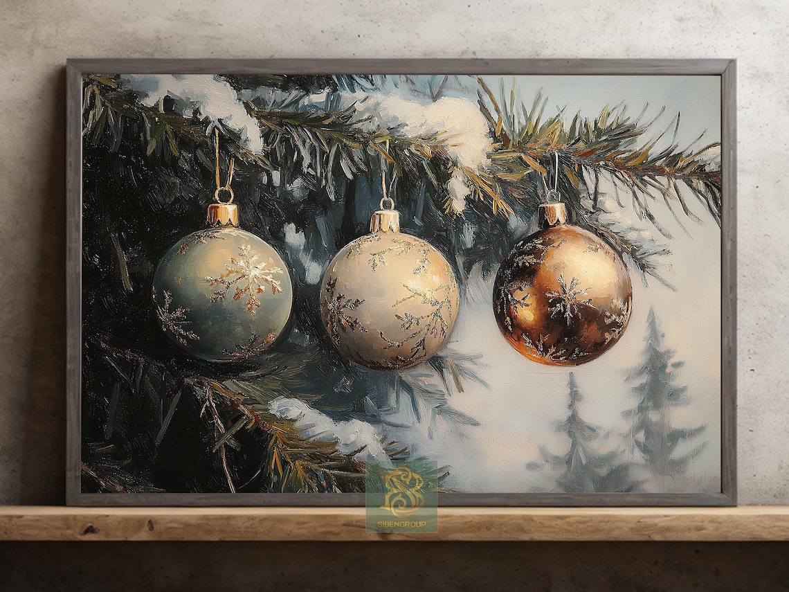 Gold And Blue Christmas Baubles On Snowy Pine Branch Holiday Print