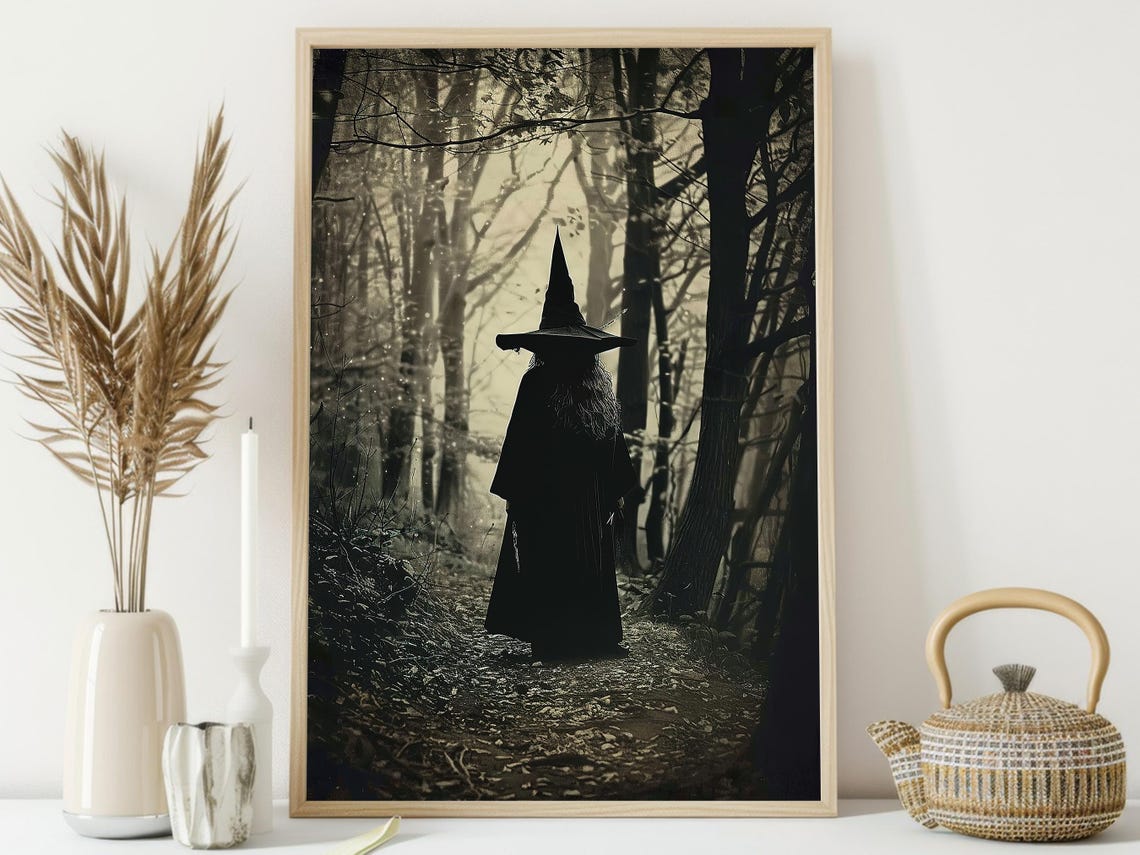 Witch Silhouette Walking Dark Forest Path Spooky Sepia Trail Poster - Image 3