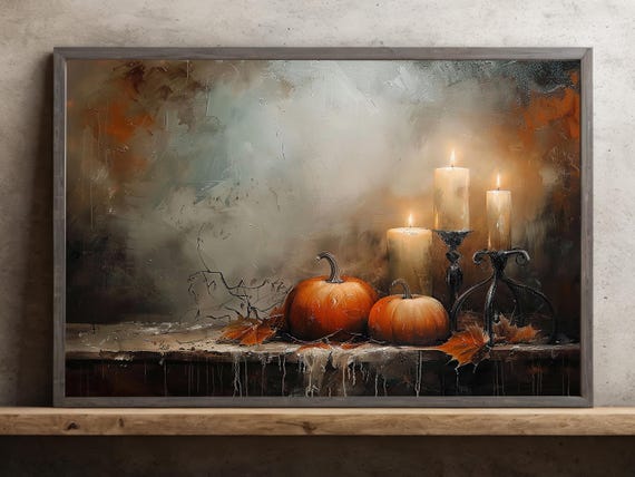 Cottage Candle Light and Pumpkins, Gothic Halloween Art Print