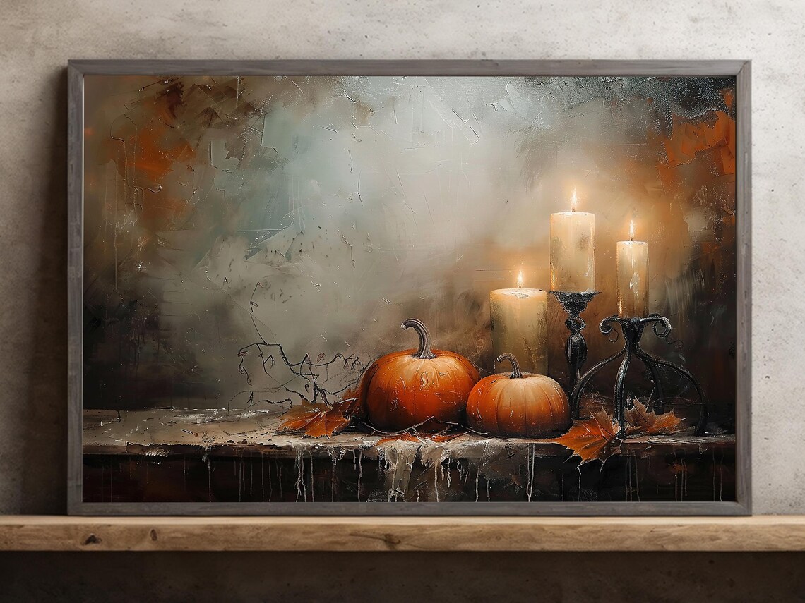 Cottage Candle Light and Pumpkins, Gothic Halloween Art Print