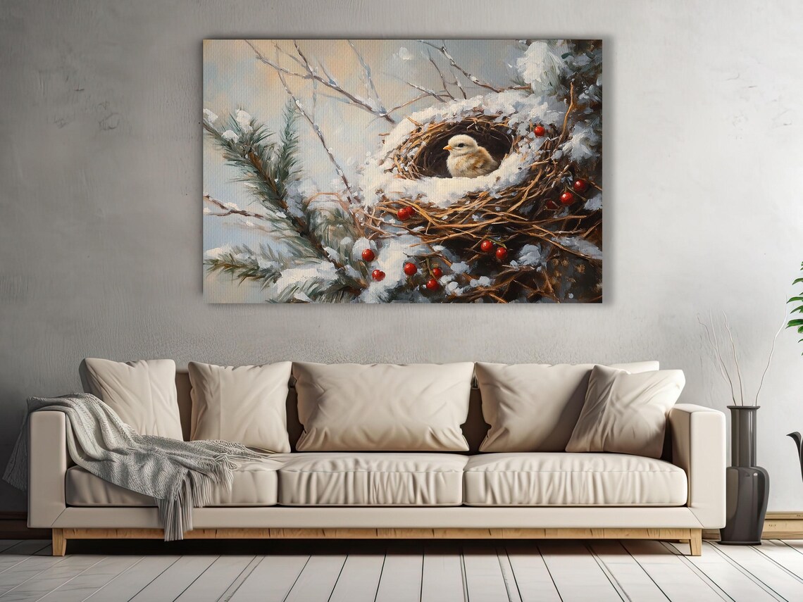 Baby Bird Snowy Nest Red Berries Winter Wildlife Painting Wall Art - Image 3