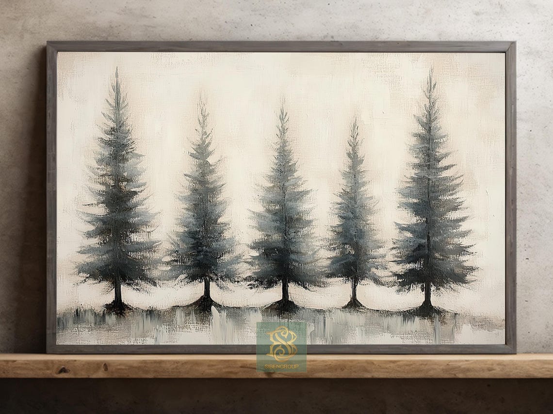 Minimalist Pine Tree Row On Cream Vintage Christmas Winter Print
