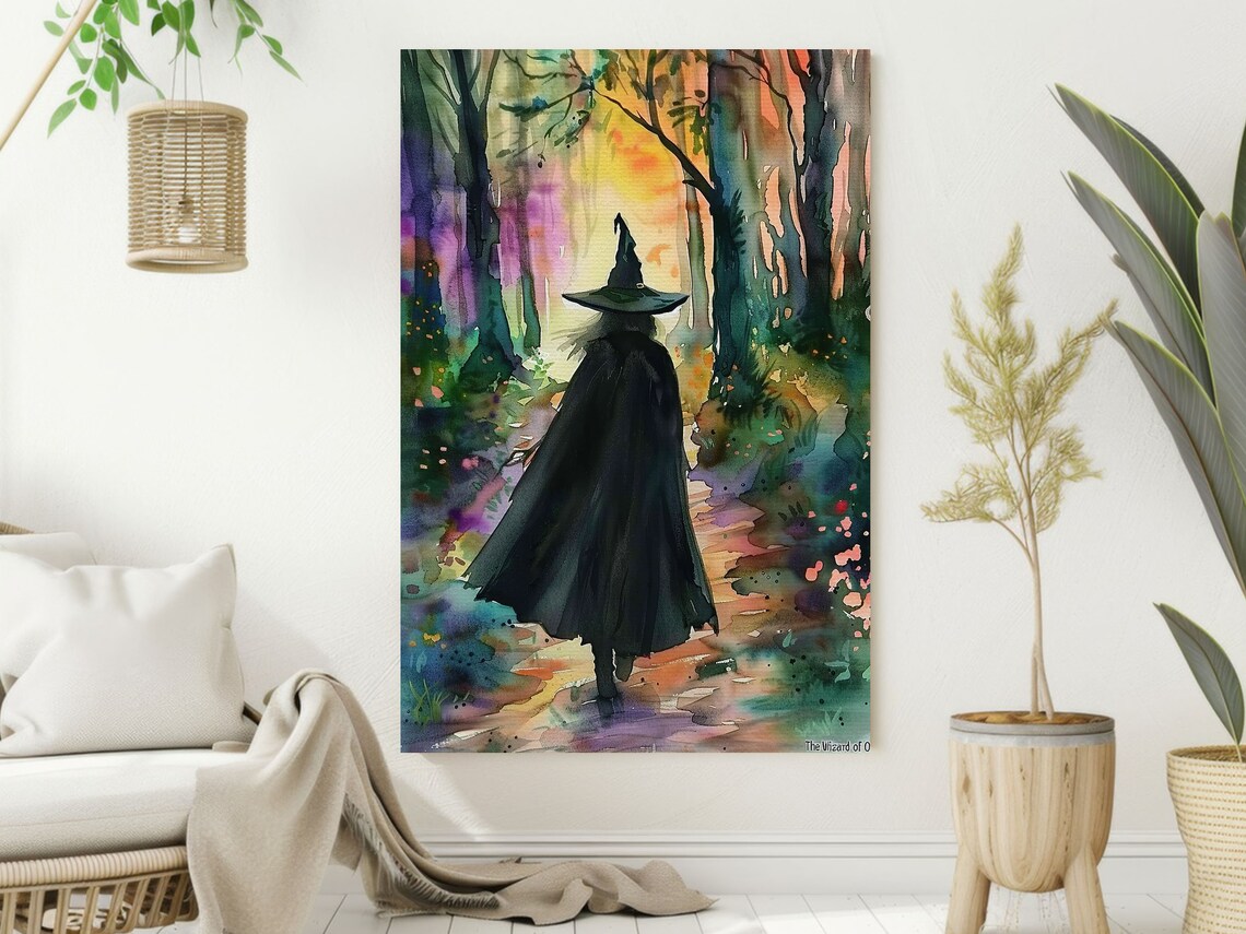 Witch Walking Away Forest Path Colorful Watercolor Magical Halloween Art Poster Print - Image 3
