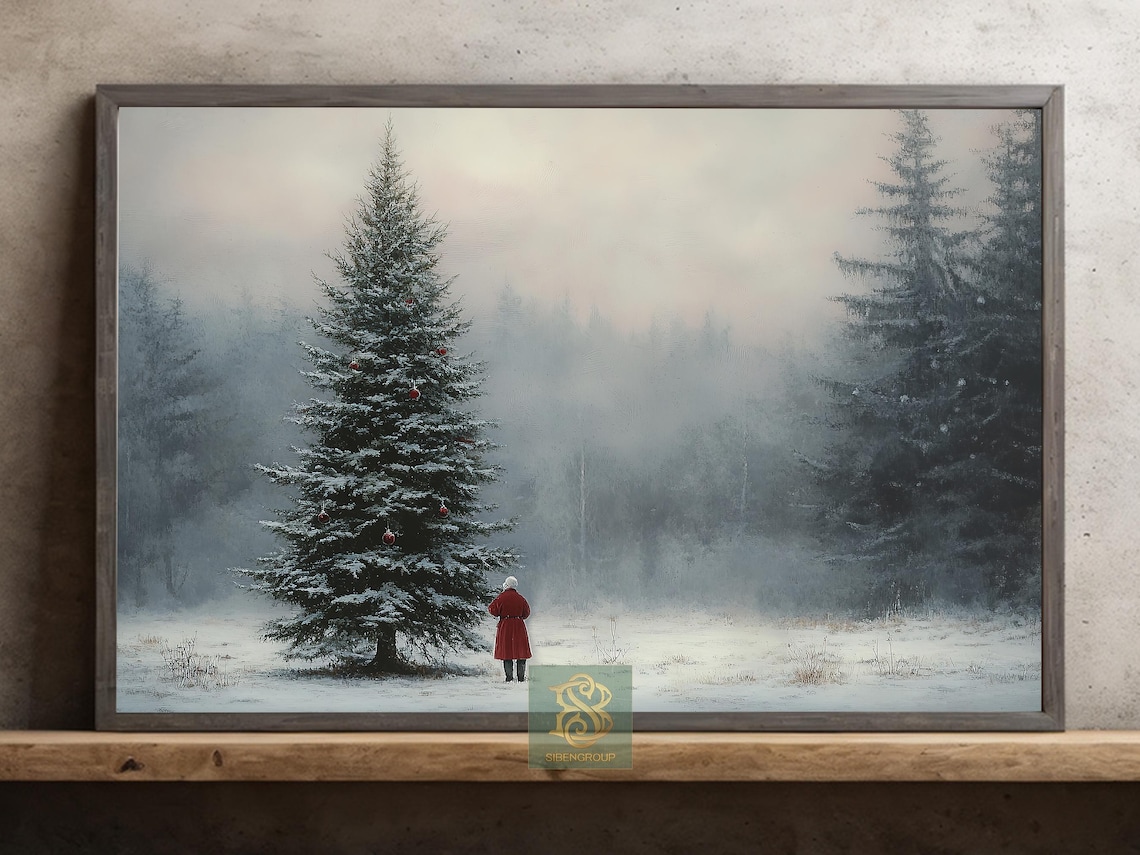 Snowy Christmas Tree With Figure In Red Coat Winter Forest Print