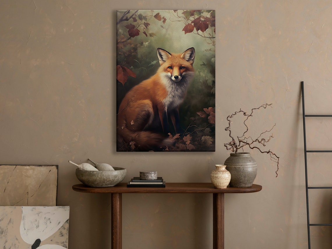 Red Fox Sitting In Autumn Forest With Falling Leaves Wildlife Print - Image 3