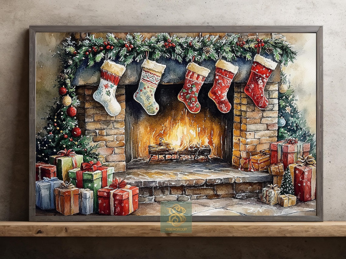 Cozy Brick Fireplace With Stockings Garland and Christmas Gifts Poster