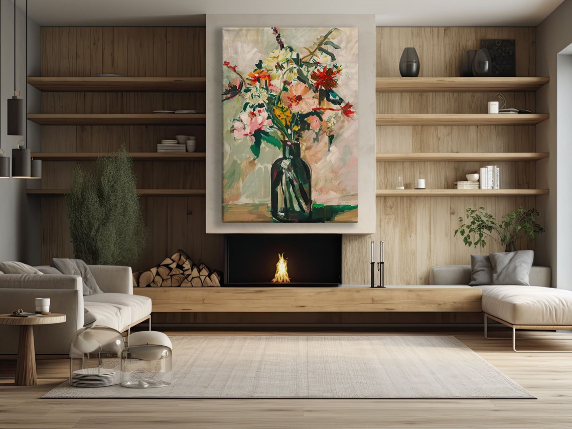 Loose Painterly Floral Bouquet In Dark Green Bottle Vase Art Print - Image 2