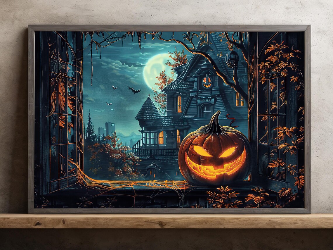 Glowing Jack O Lantern on Haunted House Windowsill Full Moon Night Poster