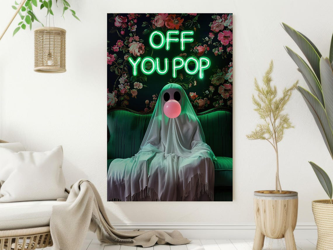 Funny Ghost Blowing Pink Bubble Gum Off You Pop Neon Sign Art Poster - Image 2