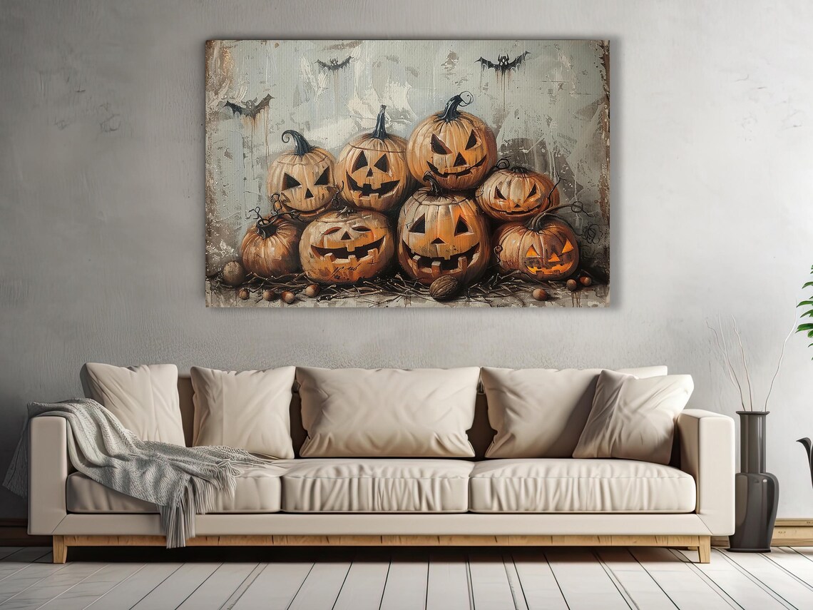 Stacked Jack O Lantern Pumpkins with Bats Vintage Harvest Halloween Poster - Image 2