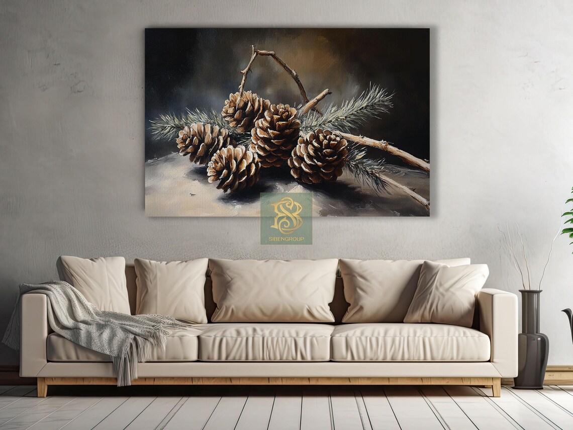 Moody Pinecone and Pine Twig Still Life Dark Oil Painting Poster - Image 2