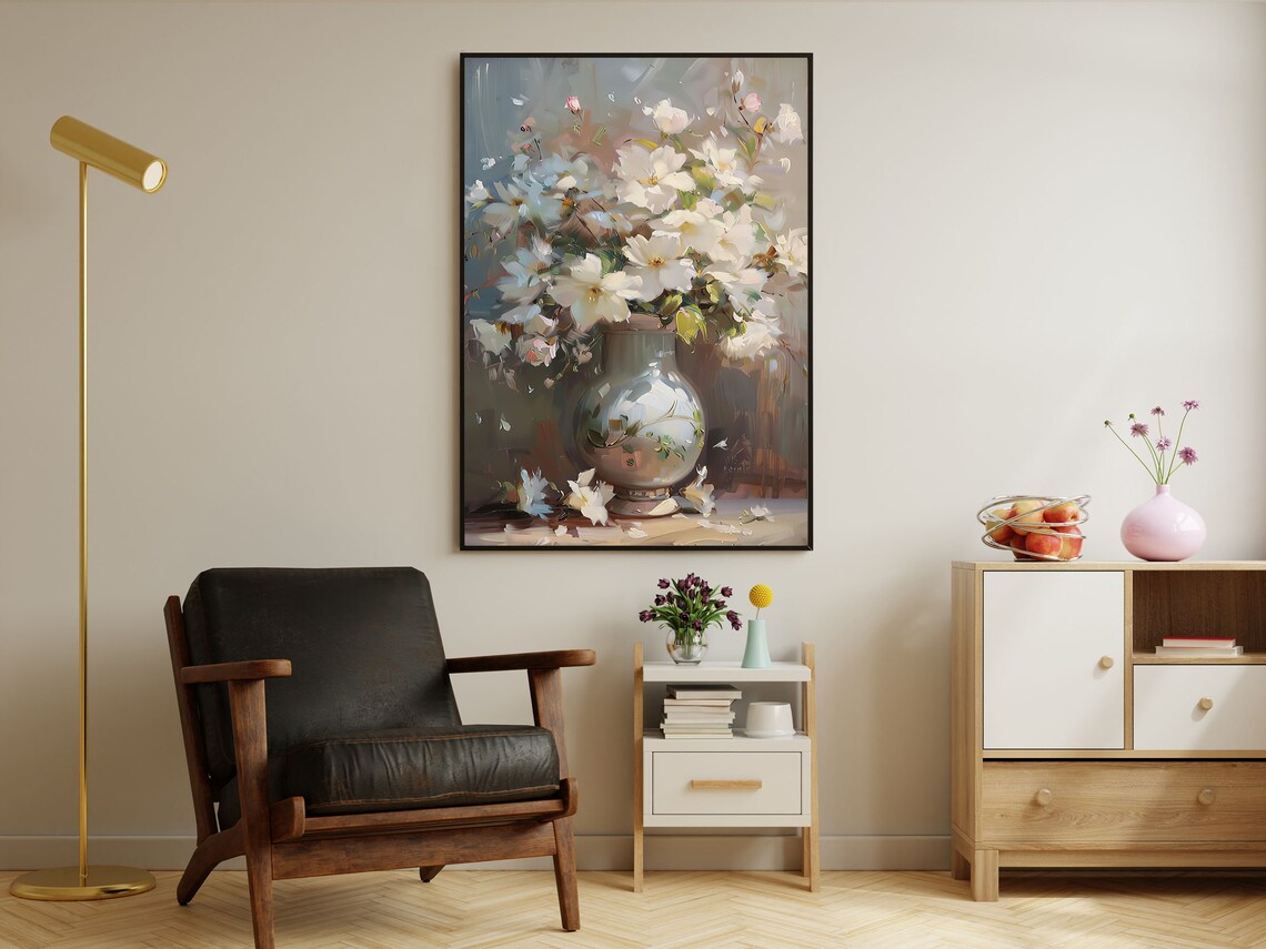 White Blossom Bouquet In Clear Glass Vase Soft Floral Art Print - Image 4
