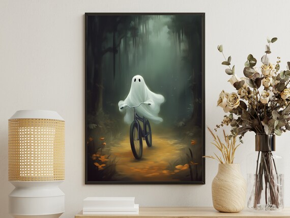 Vintage Ghost Riding Bicycle Through Misty Dark Forest Art Poster